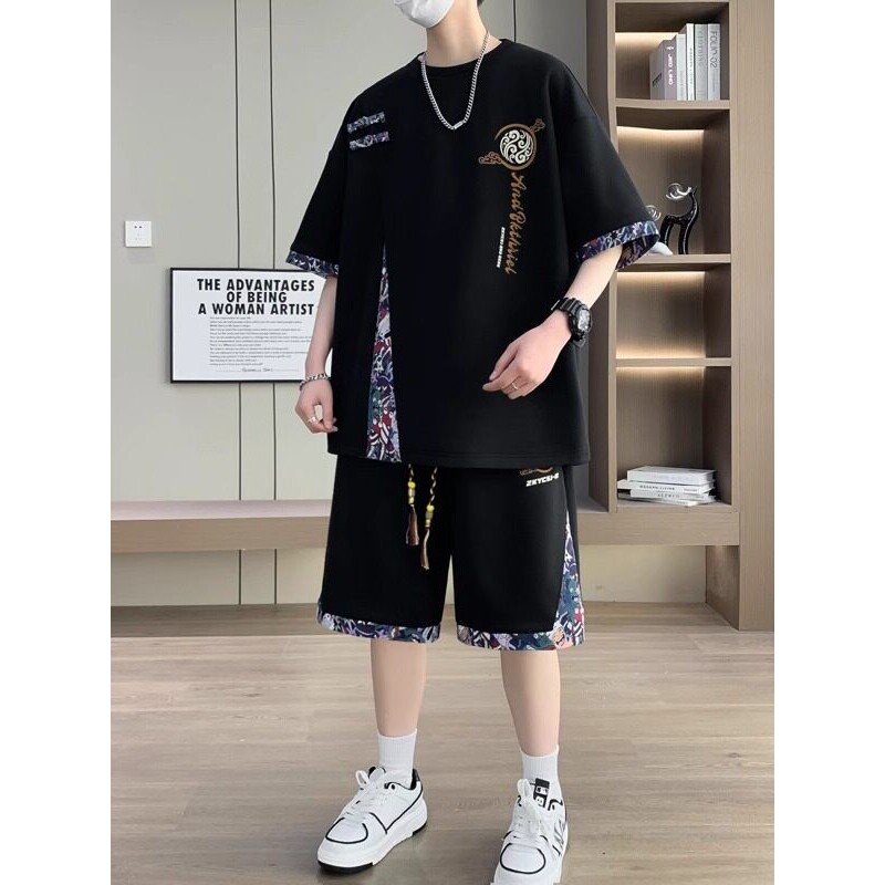 运动套装男夏季新款冰丝短袖t恤新中式男装T休闲短裤一套青年潮流