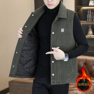男士马甲呢子冬季2025新款潮流休闲翻领刺绣加棉加厚毛呢马夹男款