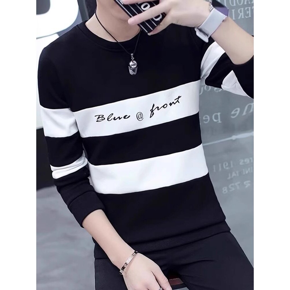 男士长袖t恤春秋季新款潮流拼接撞色圆领卫衣男款休闲打底衫上衣