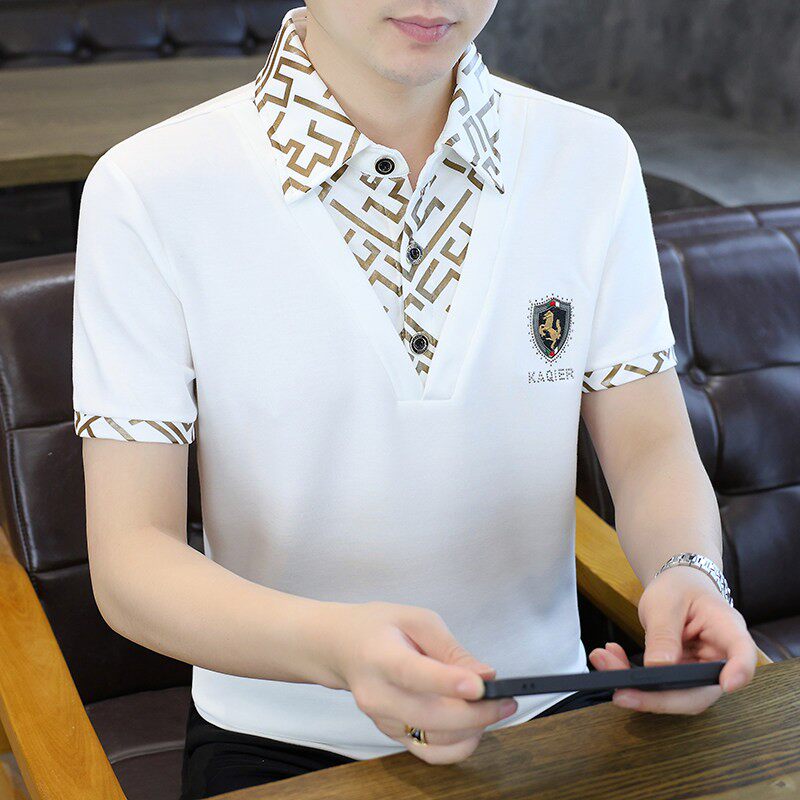 夏季假两件立领polo衫男士冰丝短袖t恤修身帅气潮流新款半袖体恤
