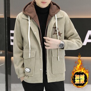 加绒夹克男装冬季复古加厚灯芯绒棉衣潮牌宽松男士假两件连帽外套