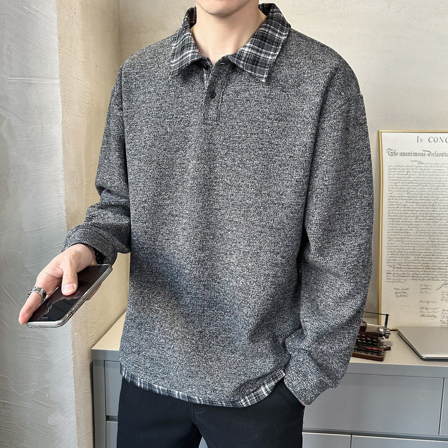 羊绒丝卫衣男翻领POLO衫2026春季新款高端拼接格子长袖T恤打底衫