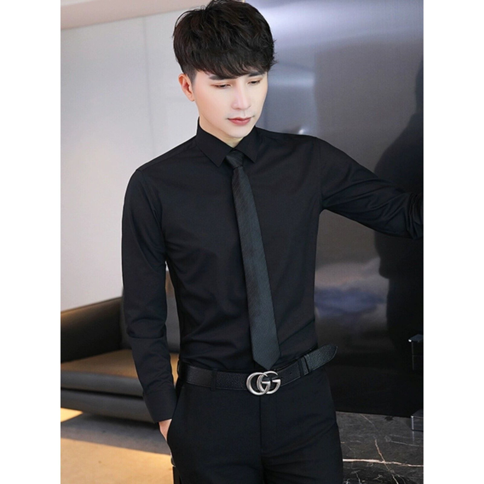 春秋季免烫纯黑色长袖衬衫男商务休闲正装衬衣韩版潮流工作服寸衫