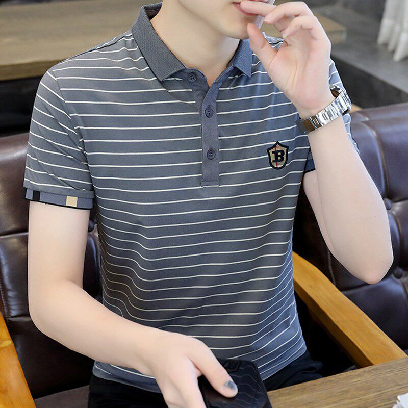 半袖上衣服条纹短袖T恤男夏季潮牌ins百搭男装纯棉翻领POLO衫冰丝
