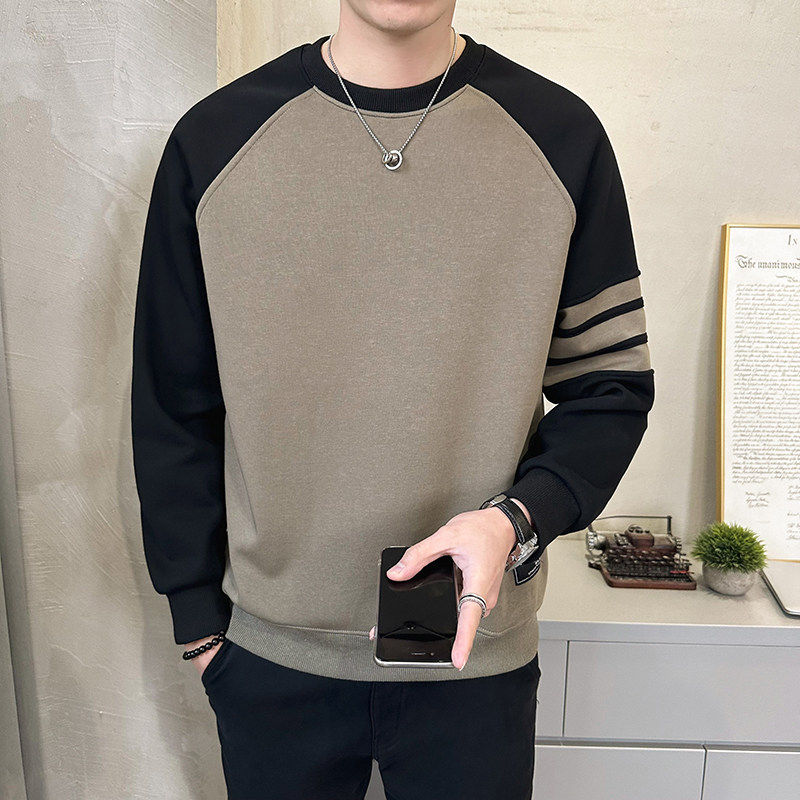 拼色卫衣春装男士圆领打底衫2026秋冬季新款百搭加绒高级感体恤衫