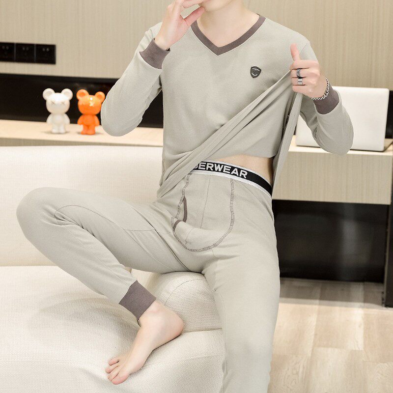 纯棉秋衣秋裤套装男款2025新款秋冬季青少年v领低领打底保暖内衣