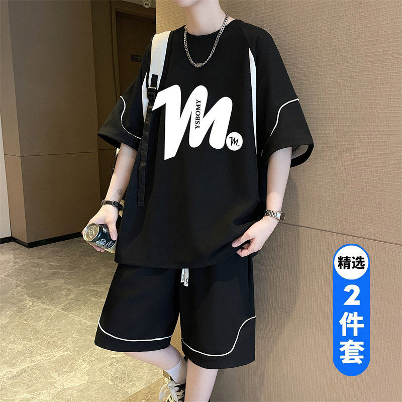 青少年夏季短袖t恤男2026新款大童潮牌帅气高中初中学生运动套装