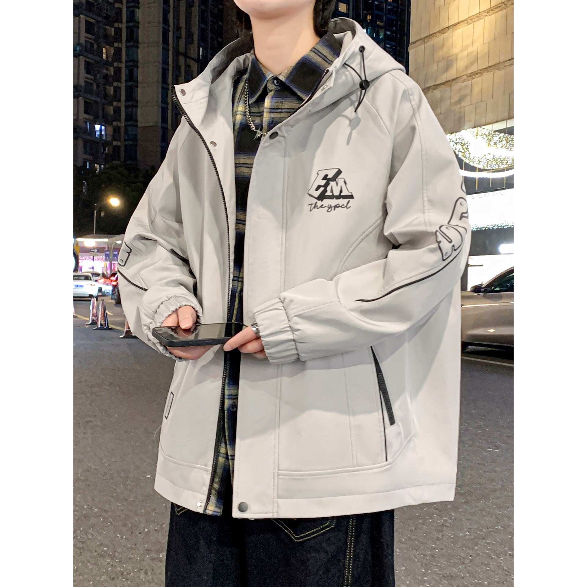 结构夹克男春秋季2026新款连帽廓形春装衣服青少年宽松休闲风外套