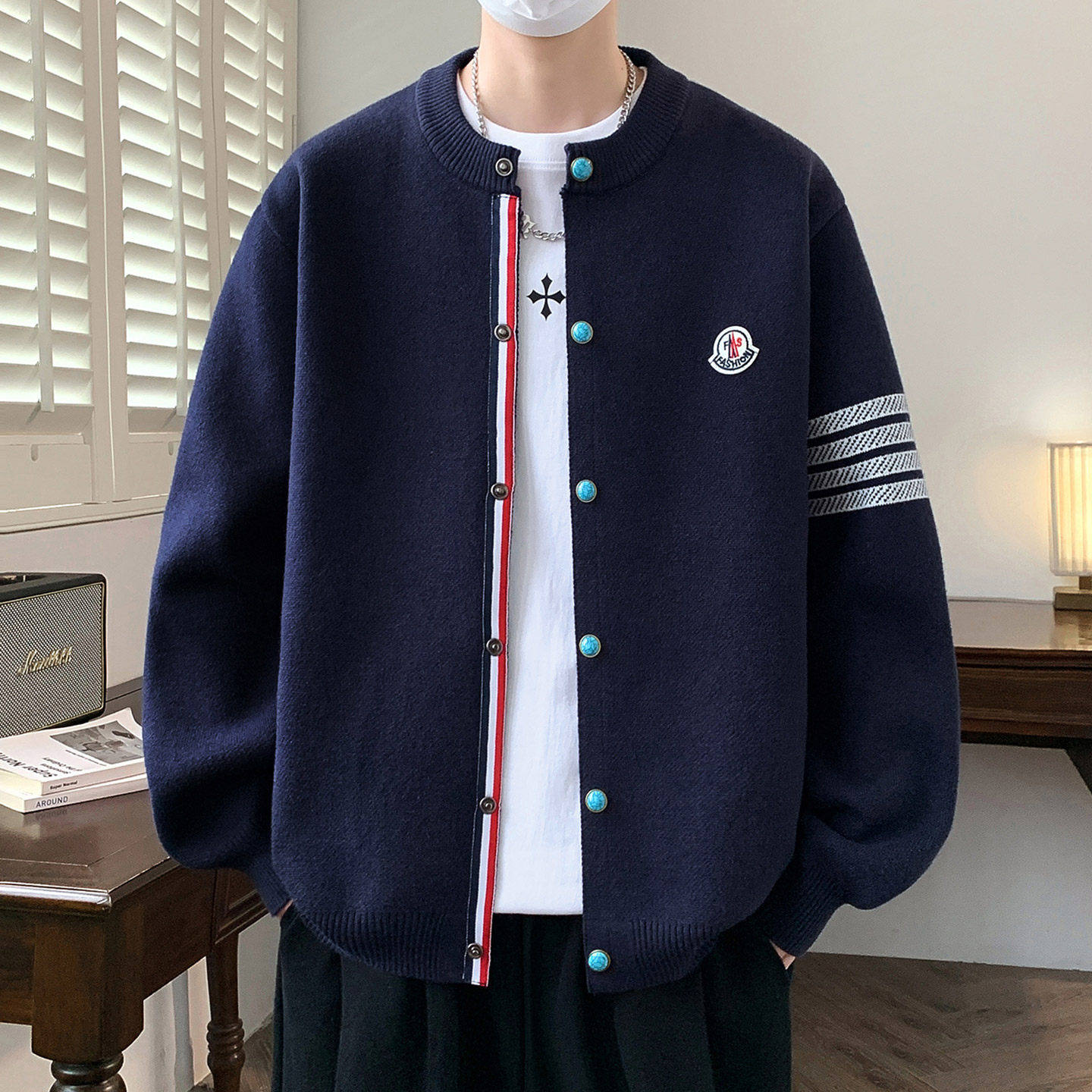 港风棒球领开衫毛衣男青少年春秋季高级感针织外套男生学院风夹克