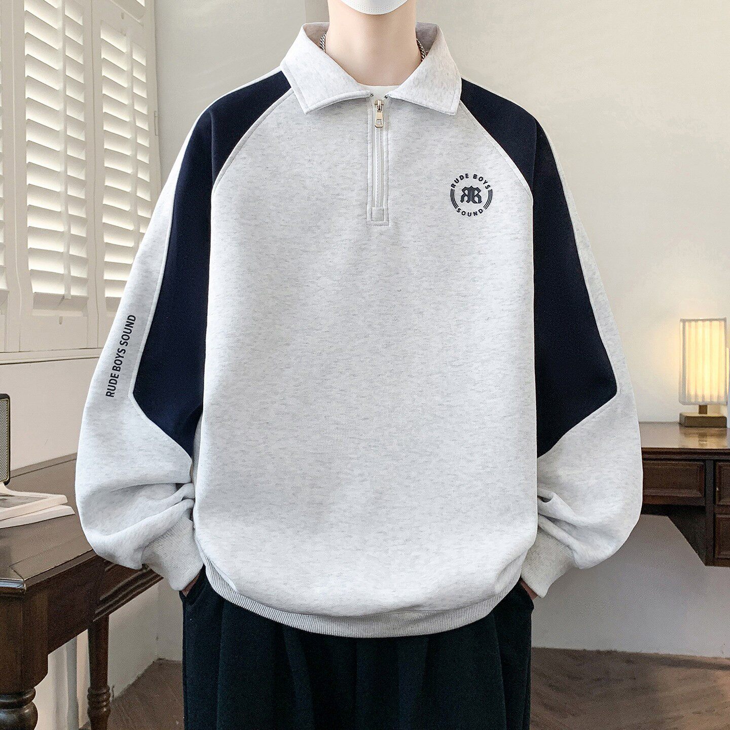 春秋季半拉链翻领卫衣男孩初中高中学生青少年大童男装Polo衫上衣