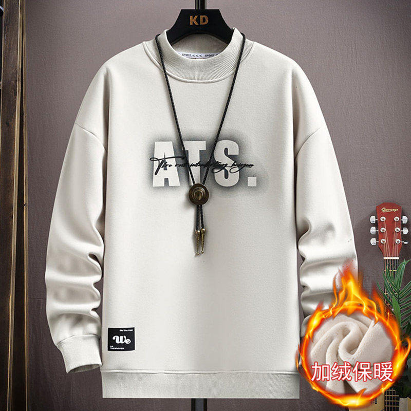 加绒加厚男士卫衣秋冬季高级感潮牌宽松半高领打底衫青少年上衣服