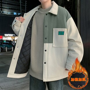 灯芯绒外套男秋冬季加棉加厚男款夹克衫潮牌青少年拼接撞色二棉衣