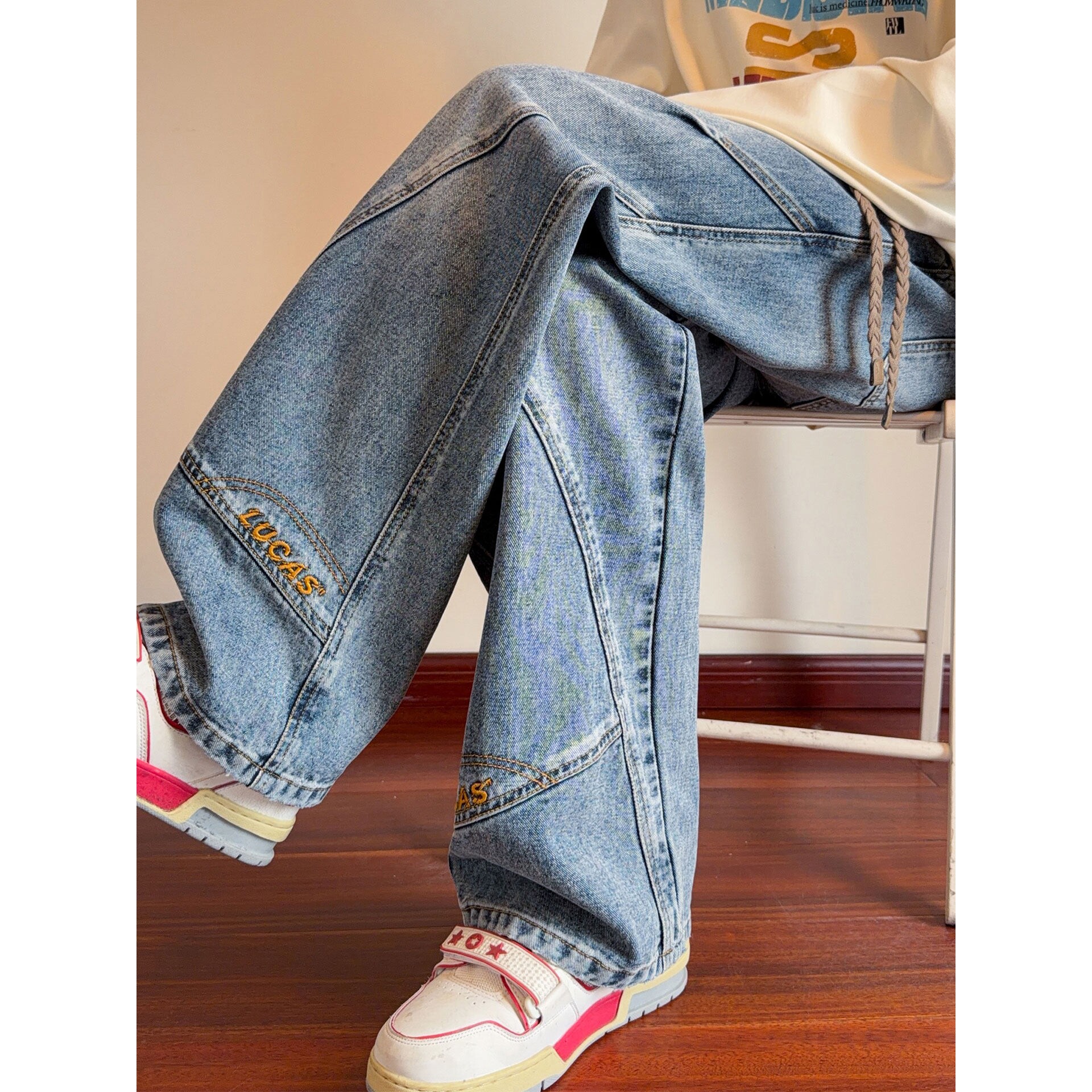 微喇牛仔裤男春秋冬季美式高街直筒解构裤子青少年水洗刺绣阔腿裤