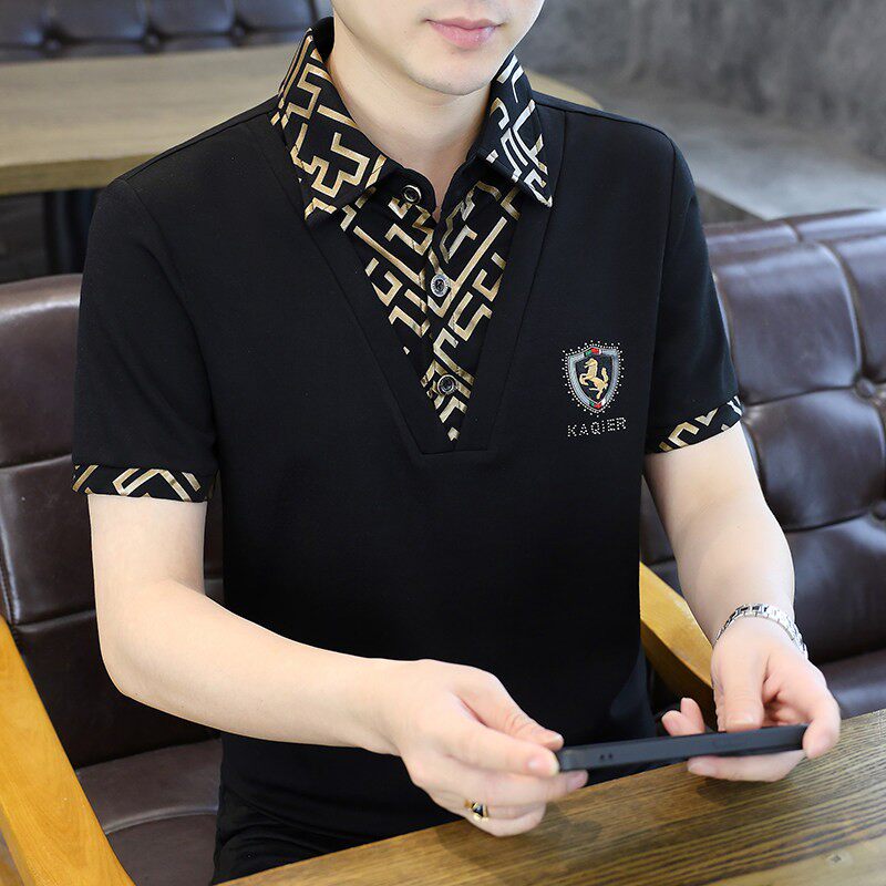 立领polo衫男士假两件夏季冰丝短袖t恤修身帅气潮流新款半袖体恤
