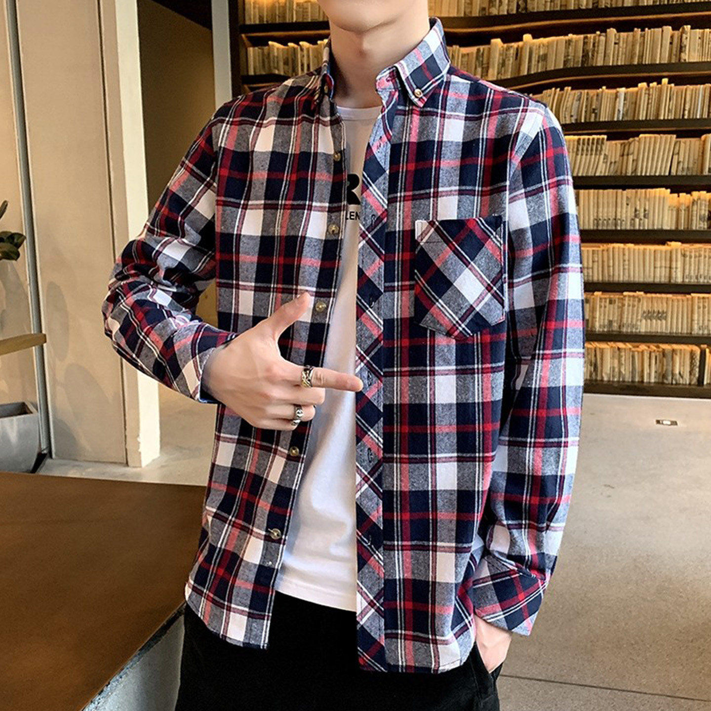 春季薄款外套格子长袖衬衫男红色有一个口袋100%纯棉中学生衬衣服