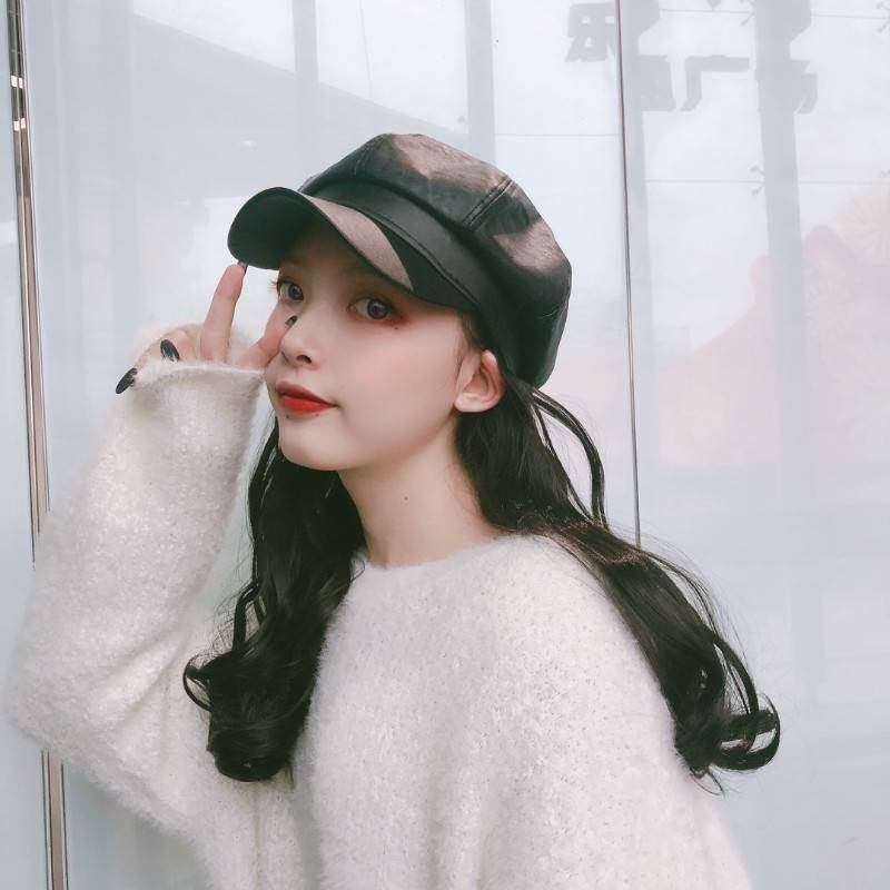 新款时尚女款帽子假发一体带头发的卷发连帽秋冬天皮质贝雷帽图片