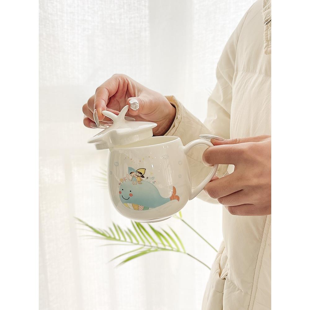 卡通超可爱萌少女水杯陶瓷杯带盖勺儿童骨瓷杯子牛奶咖啡马克杯女