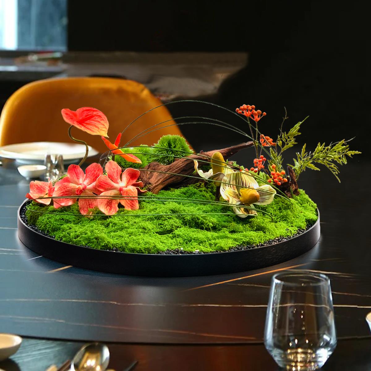 酒店餐桌中间摆花仿真花电动转盘装饰摆件包厢大圆桌景观摆设桌花