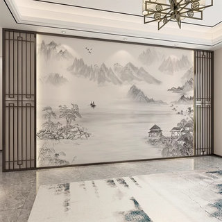 3d新中式电视背景墙壁纸壁布定制山水水墨画沙发卧室客厅简约墙纸