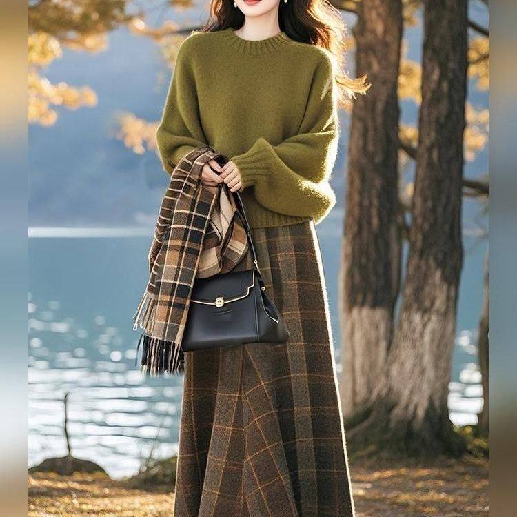 废土风毛衣秋冬款针织衫别致通勤高腰格子半身裙纯色印染裙套装