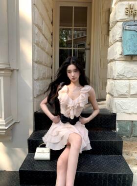 Barb Chill裸粉千金天丝洋装女夏季荷叶边温柔度假风公主蛋糕裙