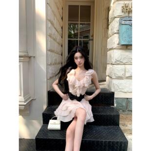 Barb Chill裸粉千金天丝洋装女夏季荷叶边温柔度假风公主蛋糕裙