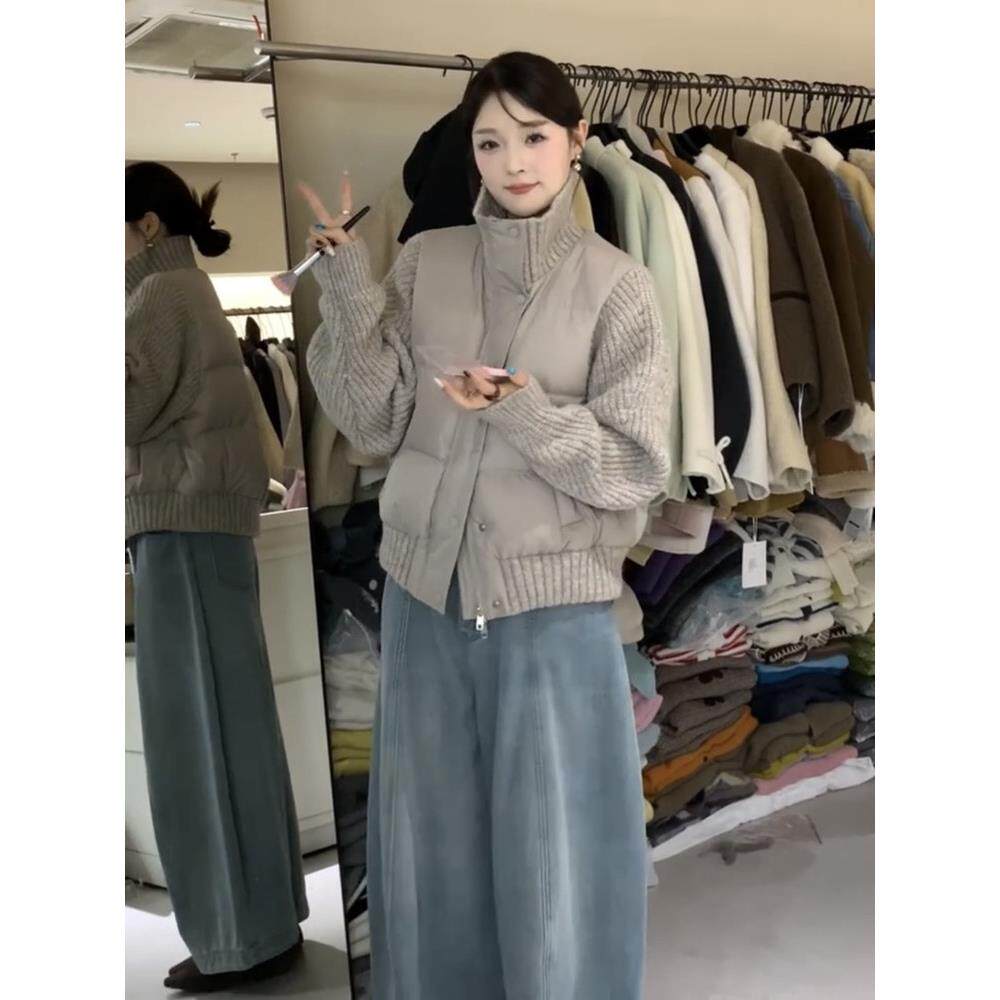 韩系针织毛衣拼接立领棉服外套女冬轻薄小个子宽松百搭保暖面包服