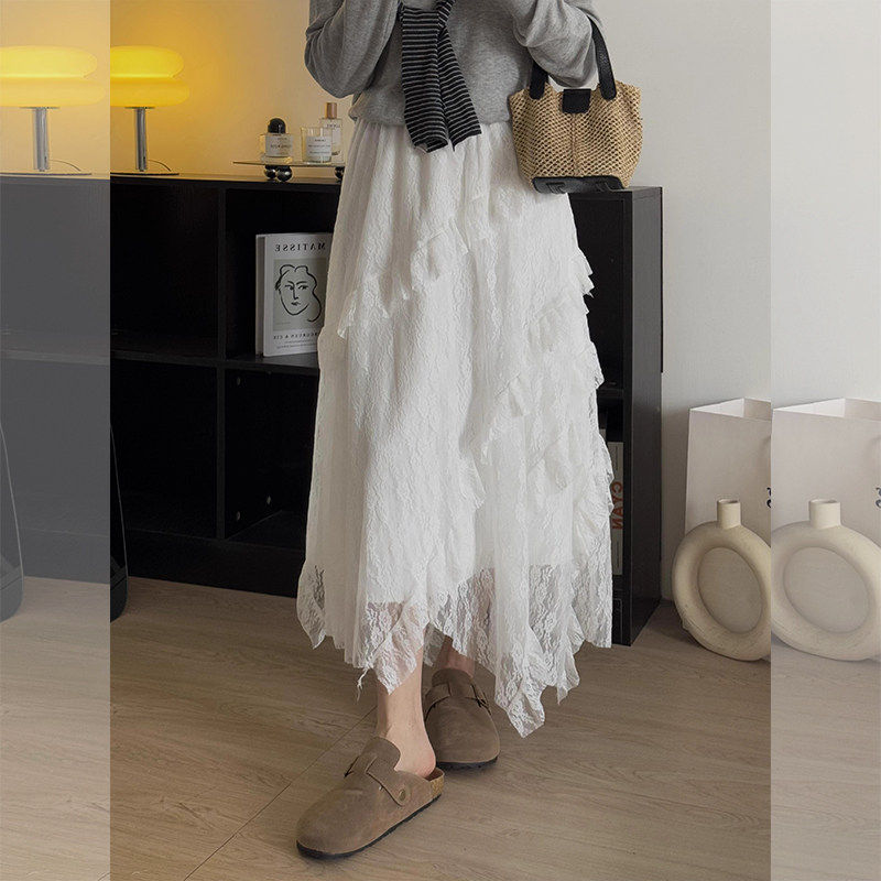 法式白色不规则蕾丝半身裙女春秋小个子高腰a字蛋糕裙中长款裙子
