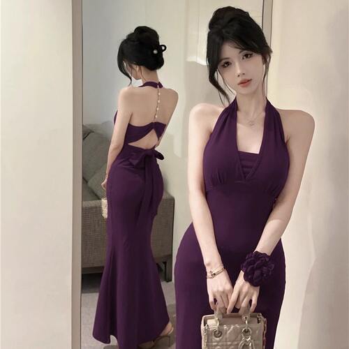名媛风挂颈绑带吊带洋装