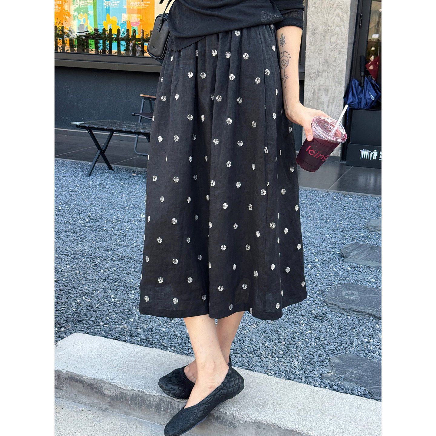 浪清100亚麻波点半身裙女春夏薄款显瘦裙子小个子A字中长裙大摆裙