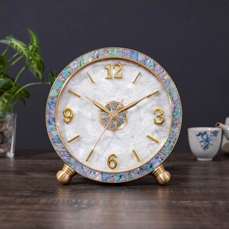台式黄铜座钟家用轻奢贝壳桌面客厅时钟现代简约台钟摆件静音钟表,家居饰品,座钟,淘宝优惠券,粉丝福利购,淘宝优惠卷