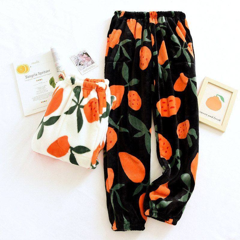 收口秋冬季水果家居珊瑚简约长裤睡裤法兰绒小脚棉裤保暖女裤绒厚