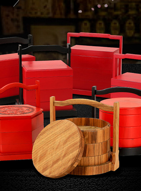 多层手提盒便当盒餐盒红色手提盒饭盒木盒婚庆提盒寿司食盒