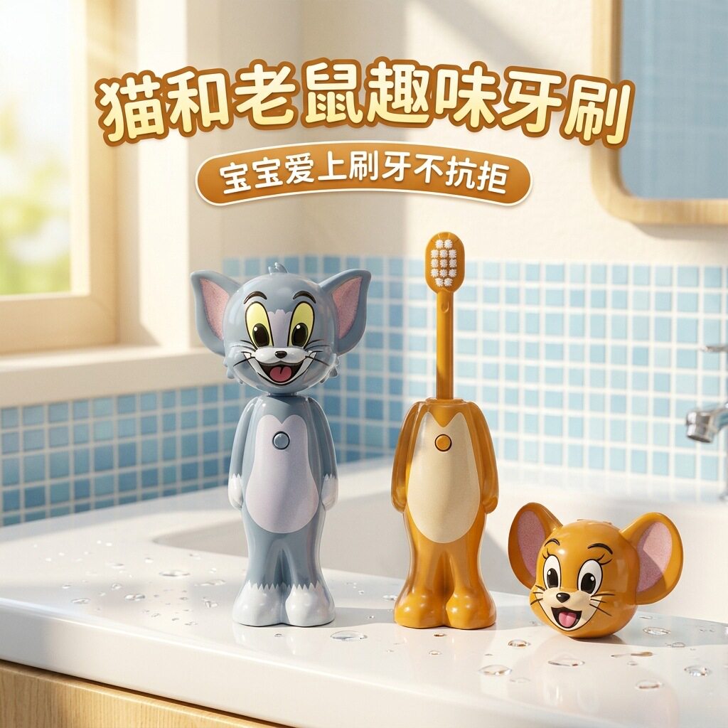 新款可爱猫和老鼠儿童创意牙刷超柔软毛可伸缩儿童牙刷哄娃神器
