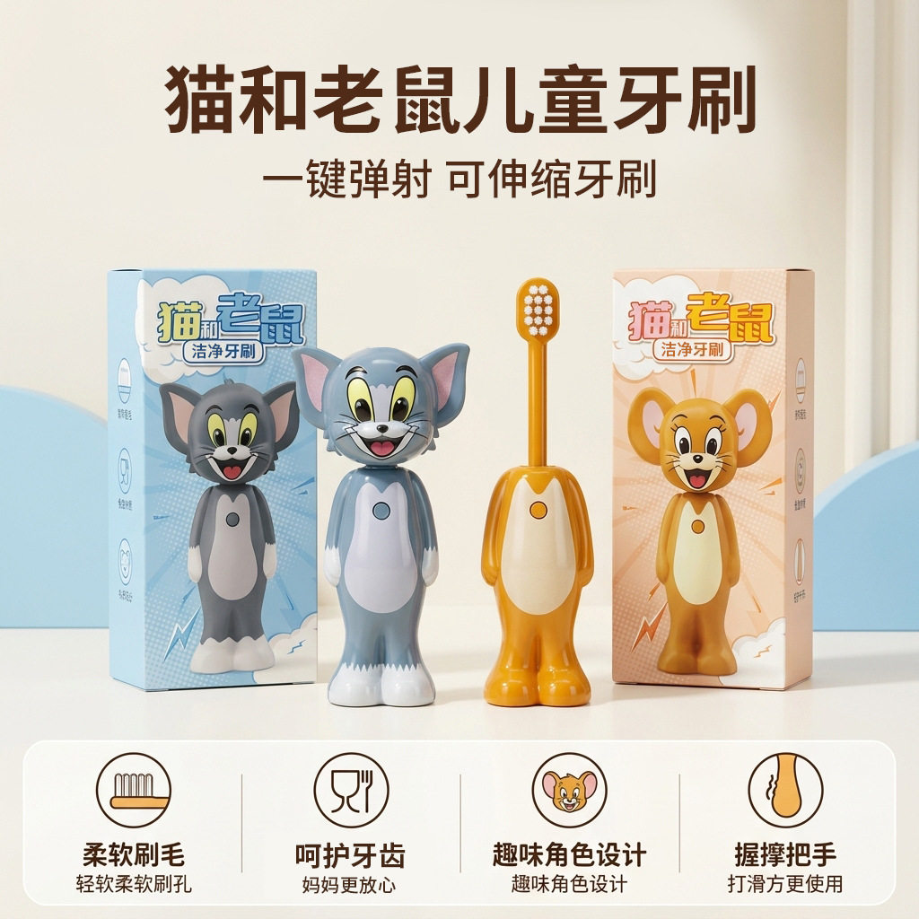 新款可爱猫和老鼠儿童创意牙刷超柔软毛可伸缩儿童牙刷哄娃神器