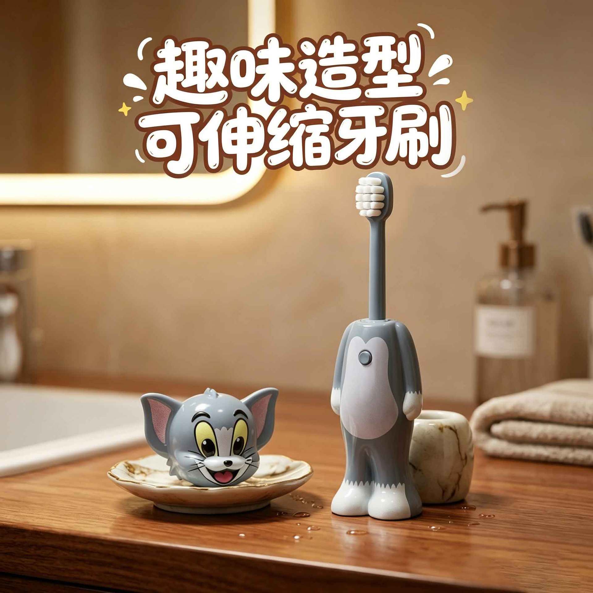 新款可爱猫和老鼠儿童创意牙刷超柔软毛可伸缩儿童牙刷哄娃神器