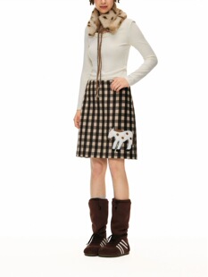 新冬重工贴布绣羊毛呢格子中筒半身裙女 格子牧场 Outthe Blue