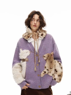 Outthe Blue绒绒猫对白新款重工刺绣猫咪毛衣针织开衫外套