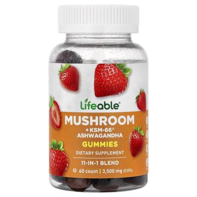 Lifeable,Mushroom + KSM-66® Ashwagandha Gummies, Strawberry,