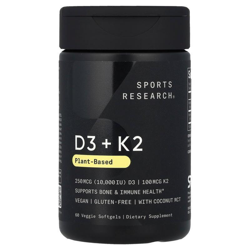 Sports Research,D3 + K2植物基60 粒素食软胶囊