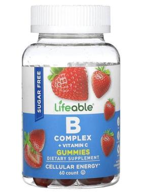 Lifeable,B 复合物 + 维生素 C 软糖，天然草莓味，无糖，60 粒