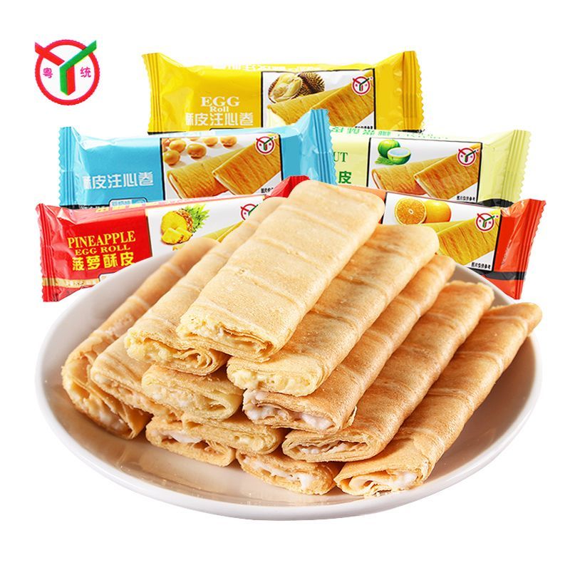粤统酥皮注心卷椰浆榴莲豆奶香橙味网红休闲零食独立下包装整箱