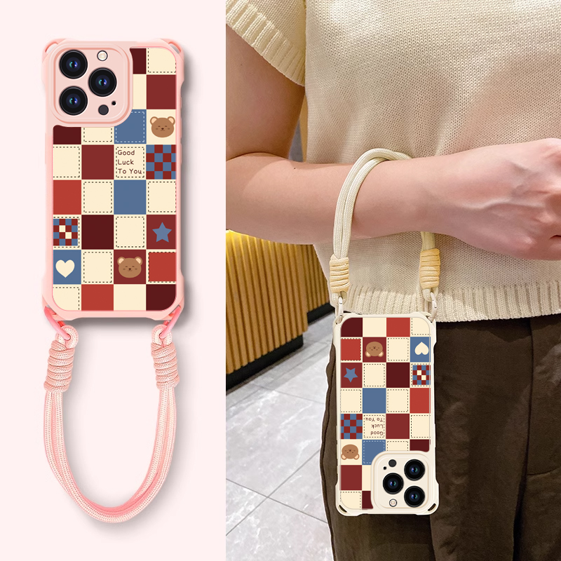 四角挂绳适用苹果16手机壳iphone15新款高级ip14plus格子小熊简约可爱13好看12硅胶11promax防摔支架7保护套8