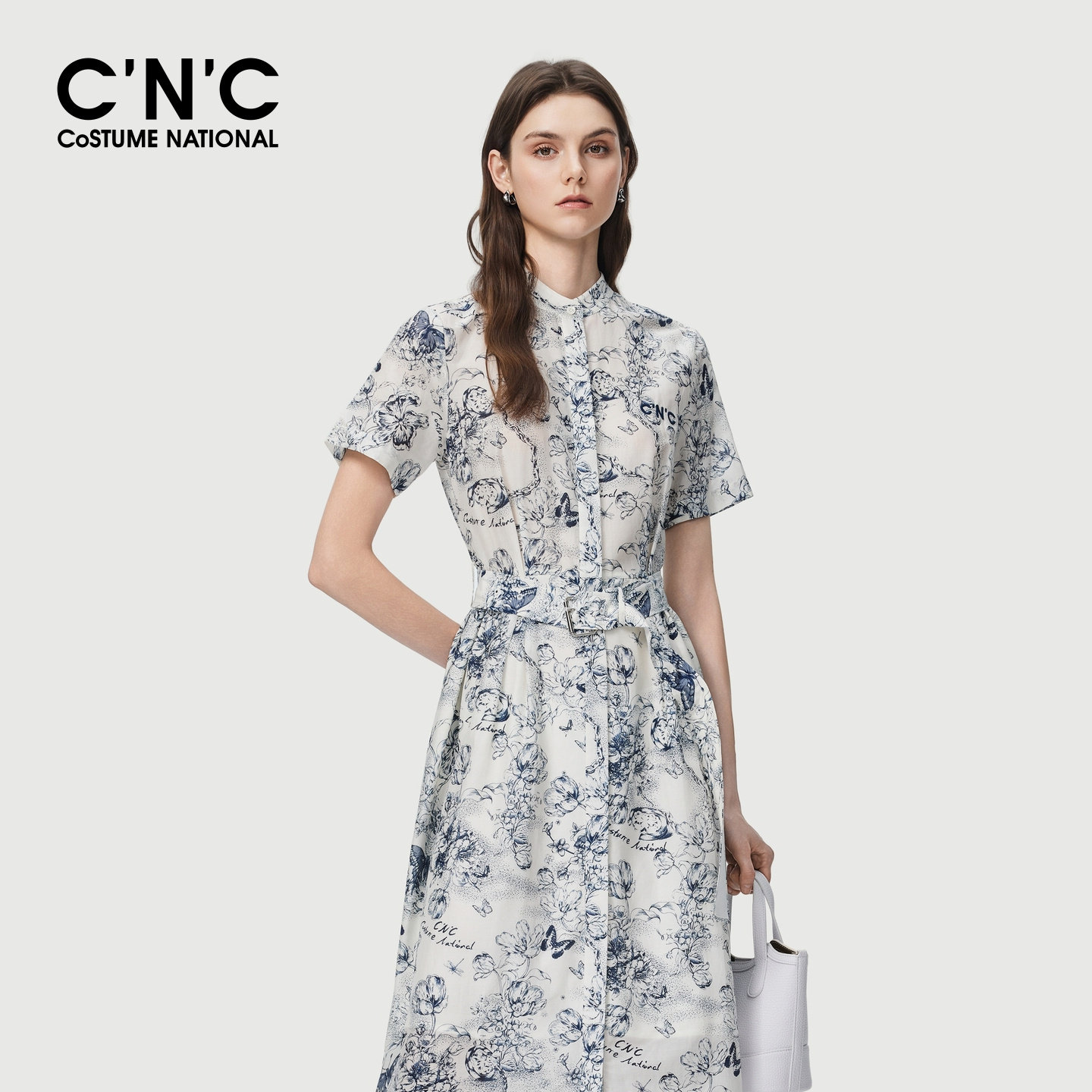 CNC轻奢女装2026夏季水墨花卉腰带显瘦中长款中式衬衫短袖连衣裙