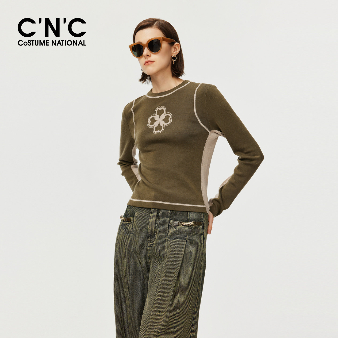 100%羊毛CNC女装logo刺绣针织衫女秋冬明线设计内搭长袖打底衫