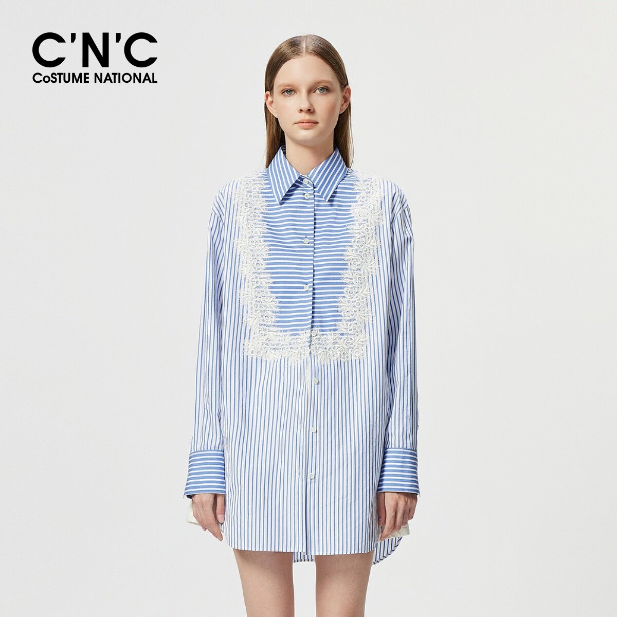 CNC女装 重工蕾丝刺绣长袖衬衫女春季宽松中长款条纹衬衣