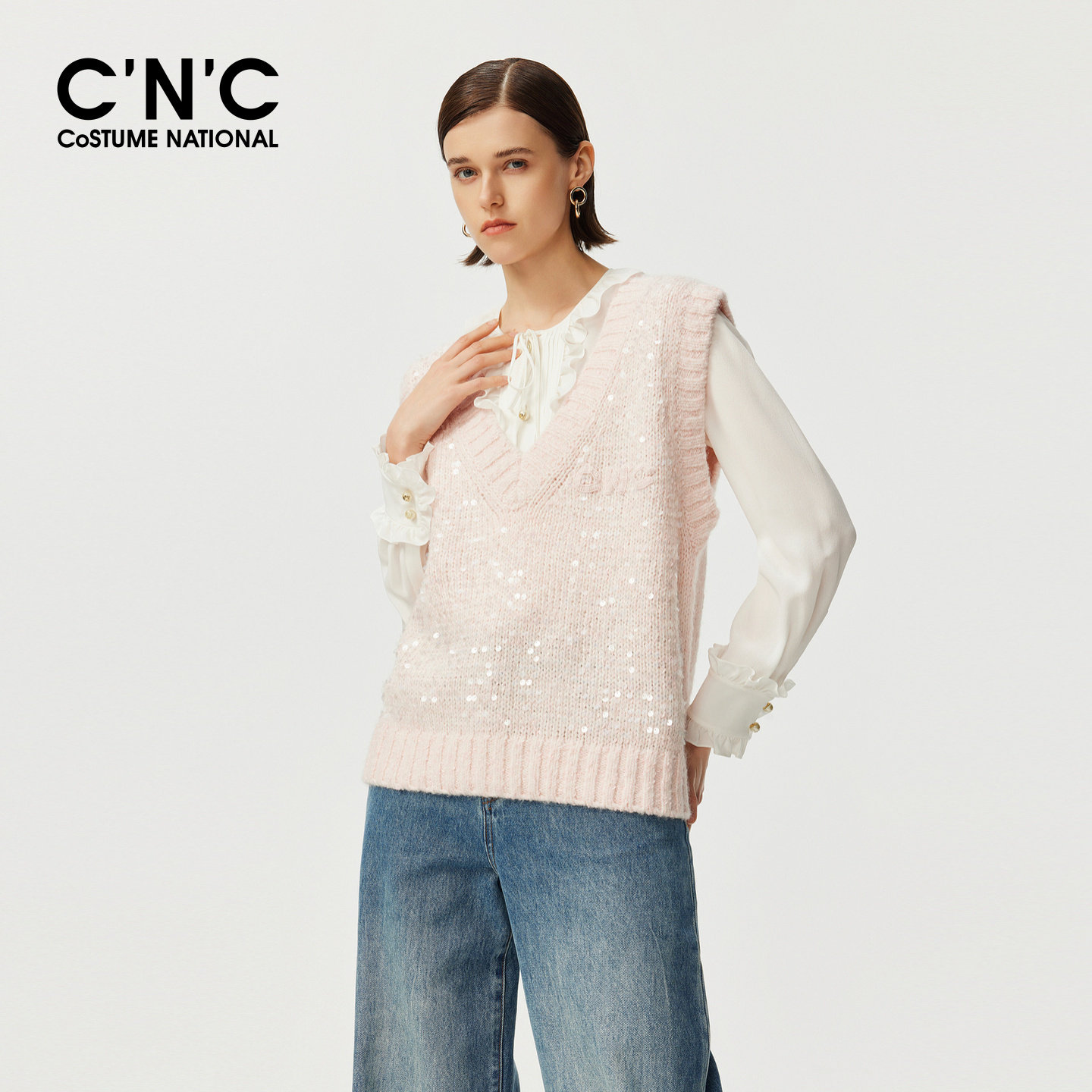 CNC女装甜美百搭V领亮片针织马甲女秋冬粉色减龄无袖背心毛衣