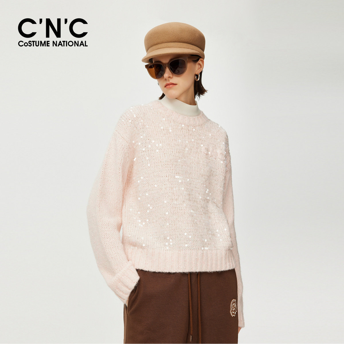 CNC女装亮片设计感粉色针织衫秋冬圆领温柔休闲毛衣女