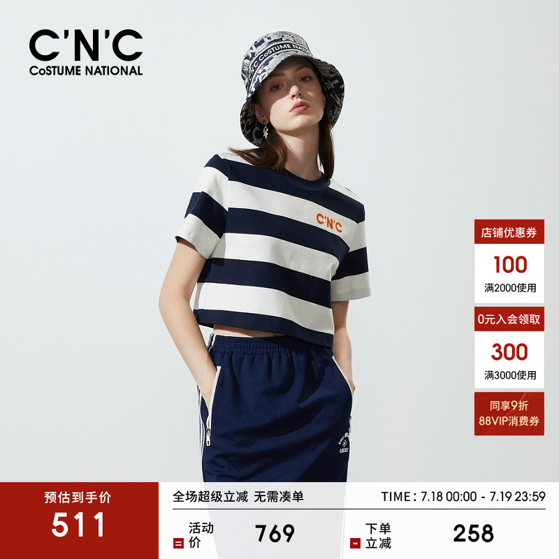 CNC女装小个子条纹短袖T恤女夏季新款设计感小众圆领短款上衣