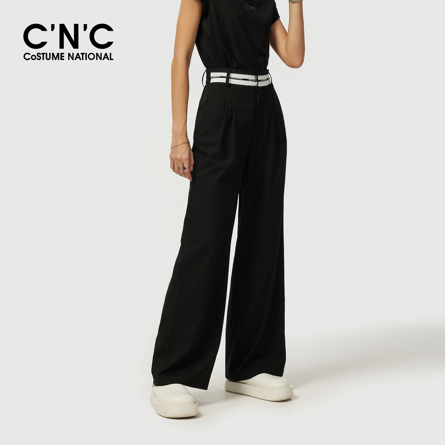 CNC大牌女装 绵羊毛混纺休闲裤女2026春装黑色通勤西装长裤